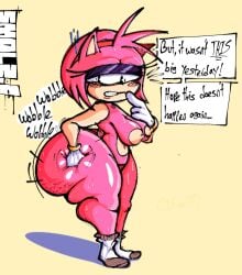 1female amy_rose annoyed annoyed_expression artist_logo artist_name artist_signature ass_bigger_than_head ass_focus ass_grab big_ass big_butt cellulite dialog dialogue dialogue_box fat_ass female huge_ass huge_butt huge_thighs looking_back naked naked_female sega simple_background simple_coloring simple_shading smolzd socks socks_only sonic_(series) sonic_the_hedgehog_(series) sweat sweaty_ass sweaty_body sweaty_butt thong wobbling_ass