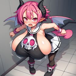 ai_assisted ai_generated anger_vein annoyed big_breasts bimbo blush breast_expansion breasts breasts_bigger_than_head demon_girl disgaea disgaea_3 enormous_breasts gigantic_breasts growth horn huge_breasts inconvenient_breasts large_breasts nanisore777 nippon_ichi_software raspberyl short_stack shortstack sideboob skindentation succubus unwilling_growth yelling