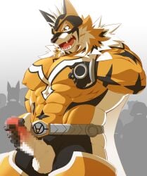 abs anthro balls censored erection felid fur genitals hi_res lifewonders live_a_hero male mammal mask masturbation muscular muscular_anthro muscular_male pantherine pecs penis ryekie_(live_a_hero) samoji solo striped_body striped_fur stripes superhero tiger