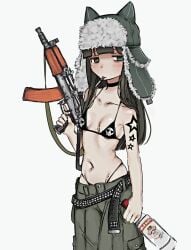 1girls alcohol bikini black_bikini brown_hair cargo_pants cigarette female gun half-closed_eyes holding long_hair looking_away navel small_breasts smoking smoking_cigarette snale_(04119_snail) solo tattoo vodka weapon white_background