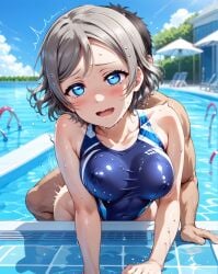 1male ai_generated all_fours ass blue_eyes blush brown_hair doggy_style doggy_style female from_behind love_live! love_live!_sunshine!! medium_breasts one-piece_swimsuit penis pussy sex short_hair swimsuit watanabe_you wavy_hair