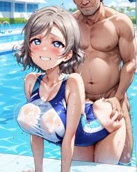 1male ai_generated all_fours ass blue_eyes blush brown_hair doggy_style doggy_style female from_behind love_live! love_live!_sunshine!! medium_breasts one-piece_swimsuit penis pussy sex short_hair swimsuit watanabe_you wavy_hair