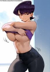 ai_generated big_breasts erotic_nansensu gym gym_clothes komi-san_wa_komyushou_desu komi_shuuko muscular_female smile sports_bra sportswear stripping thick_thighs