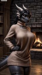 ai_generated anthro artist_name black_hair breasts brick_wall colored_skin cowboy_shot dragon_girl dragon_horns dragon_tail female female_anthro fire fireplace furry furry_female hand_on_hip head_fins hi_res high_resolution highres horns indoors jewelry large_breasts long_hair long_sleeves monster_girl necklace photorealistic realistic reptile ribbed_sweater scales scalie smile solo stable_diffusion standing sweater tail thigh_strap turtleneck turtleneck_sweater twitter twitter_username watermark yellow_eyes yiffyjiffy2 yiffyjiffy69