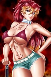 1girls ao_no_exorcist big_breasts bikini bikini_top_only breasts busty child_bearing_hips cleavage confident curvy denim denim_shorts female female_only highres kirigakure_shura large_breasts legs looking_at_viewer midriff navel pink_lips ponytail pose posing purple_eyes red_bikini red_hair seductive seductive_smile sensual short_shorts shorts sideboob smile solo stomach_tattoo swimsuit sword tattoo thick_thighs thighs toned voluptuous weapon