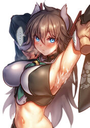 ... 1boy 1girls animal_ears armpit_sex armpits arms_behind_head azur_lane between_breasts blue_eyes blush breasts brown_hair cum cum_on_body cum_on_upper_body detached_sleeves disembodied_limb eyebrows_visible_through_hair female furutaka_(azur_lane) furutaka_(retrofit)_(azur_lane) green_neckwear hair_between_eyes highres large_breasts light-skinned_female light-skinned_male light_skin long_hair looking_at_viewer midriff mika_(1020mk) navel necktie necktie_between_breasts sakura_empire_(azur_lane) sideboob solo_focus spoken_ellipsis steam stomach sweat very_long_hair