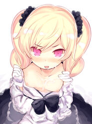 bangs bare_shoulders black_bow black_scrunchie black_skirt blonde_hair blush bow breasts collarbone cum cum_on_body cum_on_breasts cum_on_upper_body eyebrows_visible_through_hair facial female gloves hair_ornament hair_scrunchie kurasuke long_hair looking_at_viewer nipples nose_blush original pink_eyes scrunchie shirt skirt small_breasts solo tongue tongue_out twintails v-shaped_eyebrows white_background white_gloves white_shirt