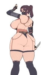 ass bare_back big_ass bottom_heavy breasts brown_hair curvy efto_(pixiv) exposed_ass face_mask female fishnets huge_ass knife large_breasts looking_at_viewer mask masked massive_thighs ninja ponytail revealing_clothes revealing_outfit sideboob thick_thighs voluptuous weapon