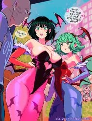 1boy 3girls bat_print big_breasts blue_pantyhose blush breast_size_difference breasts capcom cosplay dark_green_hair darkstalkers dialogue english_text fat_breasts female female_focus flat_belly fubuki_(one-punch_man) gauntlets green_eyes green_hair head_wings heart_cutout hi_res kaijin_hime_do-s large_breasts leotard lilith_aensland_(cosplay) male morrigan_aensland_(cosplay) multiple_girls one-punch_man pantyhose pink_pantyhose saitama sisters small_breasts snegovski speech_bubble succubus_wings tatsumaki wings