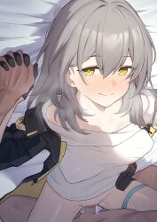 1boy absurdres black_gloves black_jacket blush breasts censored closed_mouth female gloves grey_hair hair_between_eyes highres holding_hands honkai:_star_rail honkai_(series) interlocked_fingers jacket long_hair long_sleeves looking_at_viewer lying missionary mosaic_censoring no_panties on_back open_clothes open_jacket penis sex shirotategosha shirt smile stelle_(honkai:_star_rail) straight trailblazer_(honkai:_star_rail) white_shirt yellow_eyes