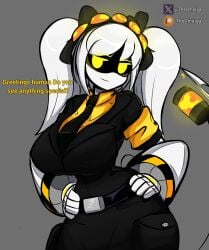 breasts drone english_text glitch_productions j_(murder_drones) murder_drones robot robot_girl smug_face tail theomaiga thick_hips white_hair yellow_eyes