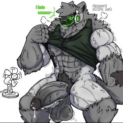 anthro crotch_tuft grey_fur large_muscles large_penis large_testicles lifting_shirt male_only muscular muscular_male nipples protogen semi-erect sweaty sweaty_body synth07 two_tone_fur yaoi