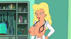 1girls accurate_art_style alternate_breast_size areolae big_breasts blonde_hair cowboy_shot edit female female_doctor female_only futurama hand_on_hip huge_breasts indoors jar lauren_cahill lipstick long_hair nipples no_bra open_dress poivoit red_lipstick screenshot screenshot_edit shelf solo stethoscope wardrobe_malfunction white_panties