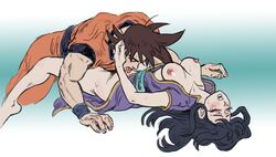 1boy 1girls areolae barefoot black_hair breasts breasts_out canon_couple chichi closed_eyes couple dragon_ball dragon_ball_z husband_and_wife licking nipples rugabooty sex son_goku