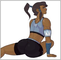 1girls avatar_legends blue_eyes clothing dark-skinned_female dark_skin female female_only jamesab korra muscles muscular muscular_female shorts solo the_avatar the_legend_of_korra water_tribe