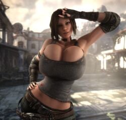 1girls 3d alternate_breast_size big_breasts black_fingernails black_nails breasts brown_belt brown_hair bulge_grab bulletstorm cleavage clothed clothed_female elbow_pads electronic_arts epic_games female female_only fingerless_gloves front_view ghost_lips gigantic_breasts gloves hand_on_head hand_on_hip hand_on_own_head hand_on_own_hip high_resolution highres hips hourglass_figure huge_breasts human human_female large_breasts light-skinned_female light_skin lips long_gloves looking_at_viewer medium_hair midriff midriff_baring_shirt midriff_peek multiple_belts nail_polish overboob pants people_can_fly shirt slim_waist solo solo_female standing tank_top trishka_novak upper_body vaako wide_hips