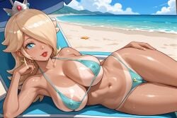 ai_generated beach blonde_hair blue_eyes cameltoe crown hair_over_one_eye huge_breasts looking_at_viewer lying mario_(series) micro_bikini nipple_bulge on_side praiseme888 princess_rosalina red_lipstick resting shiny_skin slim_waist sweat tan_body tanline thick_thighs wide_hips