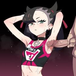 1boy armpit_sex arms_behind_head asymmetrical_bangs black_collar black_shirt censored clothed_female_nude_male collar collarbone commentary cum earrings eyelashes female gradient_background green_eyes hair_ribbon hentamonn highres jewelry marnie_(pokemon) midriff mosaic_censoring nude parted_lips penis pokemon pokemon_swsh print_shirt red_ribbon ribbon shirt steaming_body straight sweat testicles twintails