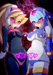 2girls bodysuit ciel_(mega_man) erect_nipples fairy_leviathan heart-shaped_pupils mega_man mega_man_zero nipple_piercing pubic_tattoo semikichi small_breasts