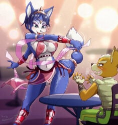 <3_eyes 2018 anthro areola blue_fur blue_hair blush breasts brown_fur bulge canine clothed clothing cute_fangs duo erection eyelashes female fox fox_mccloud fur hair heart jewelry krystal male mammal melonleaf mostly_nude multicolored_fur navel nintendo nipples open_mouth pussy saliva star_fox tenting two_tone_fur video_games white_fur