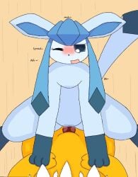 blue_body blue_eyes blue_fur blush cowgirl_position eeveelution eeveelution_squad generation_1_pokemon glaceon jolteon lazuli_(eeveelution_squad) moaning sigma_rizz speed_(eeveelution_squad) yellow_body yellow_fur