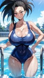 ai_generated big_breasts black_eyes black_hair breasts cleavage collarbone female female_focus female_only kemonogirls large_breasts momo_yaoyorozu my_hero_academia one-piece_swimsuit solo thick_thighs thighs tied_hair