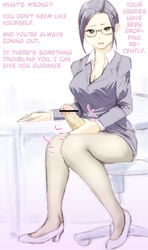 1futa blue_eyes blue_hair borusen censor_bar censored censored_penis chair cleavage desk futa_only futanari glasses hard_translated intersex looking_at_viewer masturbation pantyhose sitting solo teacher translated