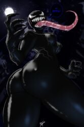 aeolus06 alien alien_humanoid ass bodily_fluids breasts dialogue digital_media_(artwork) english_text female full_moon hi_res humanoid long_tongue low-angle_view marvel moon night not_furry open_mouth rear_view saliva sharp_teeth she-venom solo speech_bubble symbiote teeth text tongue tongue_out venom_(marvel) worm's-eye_view