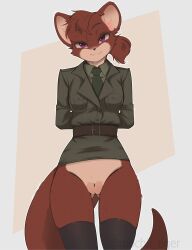 absurd_res anthro belt bottomless brown_body brown_fur brown_hair clothed clothing crossed_arms cute_fangs dress_shirt elsie_(spacecamper) female front_view fur genitals hair hands_behind_head hi_res legwear mammal military_uniform mochii_tiger mustelid necktie otter purple_eyes pussy shirt solo standing tail thigh_highs topwear uniform