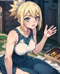 ai_generated bangs bare_arms bare_shoulders blonde_hair blue_eyes blush breasts clothing dr.stone dress female female_only hand_up indoors kohaku_(dr.stone) large_breasts looking_at_viewer open_mouth original outdoors ponytail shirt short_hair sitting skirt sleeveless sleeveless_shirt smile solo thighs tied_hair white_shirt