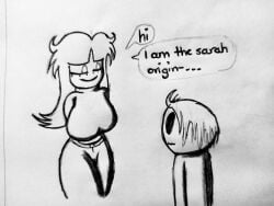 anon anonymous_male belt big_breasts breasts female jeans krala_ulti long_hair male male/female needlemouse_(series) red_sclera sarah_henderson_(needlemouse) shirt smaller_male taller_female taller_girl text uncolored