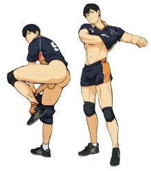 1boy ass black_hair bottomless haikyuu!! hand_under_clothes idoraad knee_pads looking_at_viewer looking_back male_focus male_only masculine presenting shoes solo solo_focus sports_uniform sportswear stretching tobio_kageyama undressing