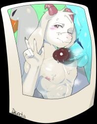 1boy 1nonbinary blue-skinned_nonbibary blue_body blue_skin blue_skinned_nonbinary cock dcoda deltarune dick enby genitals goat goat_boy goat_horns goat_humanoid kris_(deltarune) male monster monster_boy nipples nonbinary one_eye_closed penis picture pink_horn pink_horns pubic_hair ralsei ralsei_with_white_fur semen v_sign