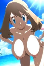 2024 ai_art ai_generated alternate_breast_size areolae beach beach_background big_breasts blue_eyes brown_hair cleavage erect_nipples female female_focus female_only gamefreak highres huge_breasts human large_breasts may_(pokemon) mayday_(artist) naked nintendo nipples outdoors perky_breasts pink_areola pink_nipples pokemon pokemon_(anime) smile smiling solo solo_female solo_focus