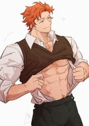 1boy abs arm_hair bara black_pants black_vest chest_hair closed_mouth clothes_pull collared_shirt cowboy_shot fire_emblem fire_emblem:_three_houses hands_up heart highres looking_to_the_side male_focus male_pubic_hair muscular muscular_male nipples open_clothes open_shirt orange_hair pants parted_bangs pectorals pubic_hair pubic_hair_peek pulling_own_clothes satodee shirt shirt_pull shirt_tucked_in simple_background sleeveless smile solo sylvain_jose_gautier undershirt vest white_background white_shirt