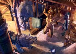 2018 anthro avian bovine braided_hair breasts brown_hair canine cattle claws day detailed_background digital_media_(artwork) exercise female group hair hooves inside mammal nipples nude pussy shalinka tauren unknown_species video_games warcraft yellow_eyes