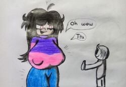 1girls anon anonymous_male big_breasts black_hair breasts female jeans krala_ulti long_black_hair long_hair looking_down male male/female needlemouse_(series) nipple_bulge sarah_henderson_(needlemouse) shirt smaller_male smile smiling taller_female taller_girl