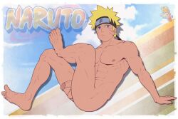 1boy barefoot blonde_hair feet flaccid jackdraws male_focus male_only naruto nude penis sitting solo toes uzumaki_naruto