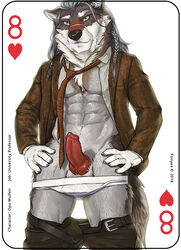 1boy 2018 animal_genitalia animal_penis anthro antlers ball balls belt canine canine_penis card clothed clothing digital_media_(artwork) english_text erection fonyaa fur hair horn jacket knot male male_only mammal multicolored_fur muscular muscular_male necktie panties pants pecs penis playing_card scar shirt simple_background smile solo standing text underwear white_fur white_underwear wolf