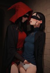 2girls against_wall ai_generated black_clothing black_hair blindfold blue_clothing blush cache female finger_in_pussy fingering game_cg hand_in_another's_panties lesbian magical_girl original_character panties red_clothing red_hood starflint_descent threadweaver witch yuri