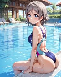ai_generated ass blue_eyes blush brown_hair female love_live! love_live!_school_idol_project love_live!_sunshine!! medium_breasts one-piece_swimsuit short_hair swimsuit watanabe_you wavy_hair