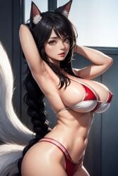 ahri ai_generated anime anime_style armpits arms_up belly_button big_breasts bikini bikini_top black_hair braided_hair breasts cleavage female female_focus female_only firm_breasts fluffy_ear fluffy_ears fox fox_ears fox_girl fox_tail from_side hands_up large_breasts league_of_legends light light-skinned_female light_body light_skin lighting long_hair looking_at_viewer midriff navel pose posing realistic riot_games round_breasts seducing seduction seductive seductive_body seductive_eyes seductive_gaze seductive_look seductive_mouth seductive_pose seductive_smile shiny shiny_breasts shiny_clothes shiny_hair shiny_skin sideboob simple_background sky4maleja swimsuit thong thong_bikini thong_panties thong_underwear underwear upper_body vastaya very_long_hair waist