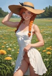 1girls ai_generated blue_eyes blush braid dress freckles ginger ginger_hair grass happy human lifting_shirt nipples_visible_through_clothing pussy small_breasts smile solo solo_female standing sun_hat sundress young