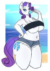 1girls anthro beach breasts breeoche color colored denim_shorts female female_focus female_only humanoid large_breasts my_little_pony partially_clothed partially_clothed_female piercing piercings popsicle rarity_(mlp) short_shorts solo solo_female stomach_piercing tail