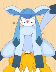 blue_body blue_eyes blue_fur cowgirl_position cum_in_pussy eeveelution eeveelution_squad generation_1_pokemon glaceon jolteon lazuli_(eeveelution_squad) riding_penis sigma_rizz speed_(eeveelution_squad) yellow_body yellow_fur