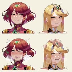 2d 2girls after_kiss ahe_gao attitude_adjustment biting_own_lip blonde_hair blouse chest_jewel core_crystal crying disgust drooling female hand_on_another's_head headpat heart heart-shaped_pupils highres light-skinned_female light_skin lips long_hair makeup malos_(xenoblade) mascara mind_break mythra mythra_(xenoblade) nintendo nipples nyantcha open_mouth orgasm orgasm_face pale-skinned_female pale_skin portrait pyra pyra_(xenoblade) red_eyes red_hair rolling_eyes runny_makeup saliva saliva_trail scowl shirt short_hair sleeveless sleeveless_shirt smile solo sweat swept_bangs symbol-shaped_pupils tears teeth thiccwithaq tiara tongue uncommon_stimulation xenoblade_(series) xenoblade_chronicles_(series) xenoblade_chronicles_2 yellow_eyes