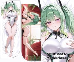 azur_lane bare_shoulders barefoot breasts dakimakura_(medium) female grabbing_own_breast green_hair highres huge_breasts looking_at_viewer maggiore_baracca_(azur_lane) maggiore_baracca_(the_god_craves_punishment)_(azur_lane) one-piece_swimsuit purple_eyes solo swimsuit