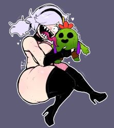 1boy 1girls before_sex black_panties brawl_stars colette_(brawl_stars) crazy_eyes crazy_girl female male panties plant spike_(brawl_stars) supercell tongue tongue_out trz_lettuce white_hair