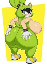 2022 2022s absurd_res afrosoricid anthro ass ass_focus big_ass big_breasts big_butt black_nose blue_eyes bracelet breasts butt_focus capikeeta curvy_figure female female_focus female_only green_body green_fur green_hair hair hands_on_ass hi_res holding_butt idw_comics idw_publishing jewelry looking_back mammal nipples sega sharp_teeth shoes short_tail shortstack smile sonic_(series) sonic_the_hedgehog_(comics) sonic_the_hedgehog_(idw) sonic_the_hedgehog_(series) surge_the_tenrec tail teeth tenrec tenrec_girl tenrec_humanoid thick_thighs voluptuous wide_hips