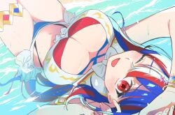 1girls alear_(female)_(fire_emblem) alear_(female)_(seaside_dragon)_(fire_emblem) alear_(fire_emblem) alternate_costume alternate_hairstyle bikini blue_bikini blue_hair blue_swimsuit breasts cleavage crossed_bangs female female female_only fire_emblem fire_emblem_engage fire_emblem_heroes halterneck highres large_breasts lying multicolored_clothes multicolored_hair nintendo official_alternate_costume official_alternate_hairstyle on_back one_eye_closed partially_submerged red_bikini red_eyes red_hair red_swimsuit rotsugame solo split-color_hair swimsuit two-tone_hair water white_bikini white_swimsuit